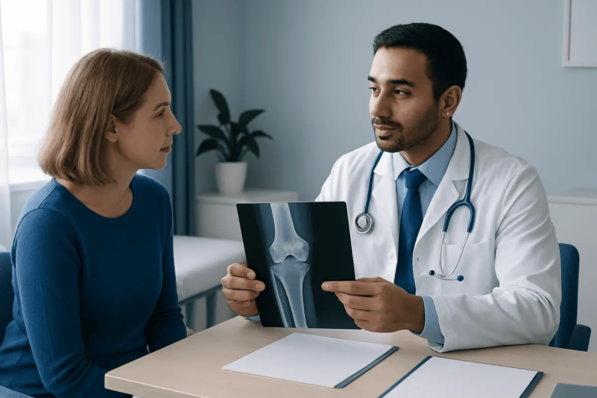Doctor explaining knee X-ray to patient in a medical consultation room.