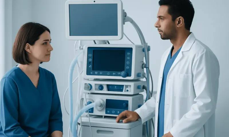 Medical professionals discussing patient care with ventilator in hospital.