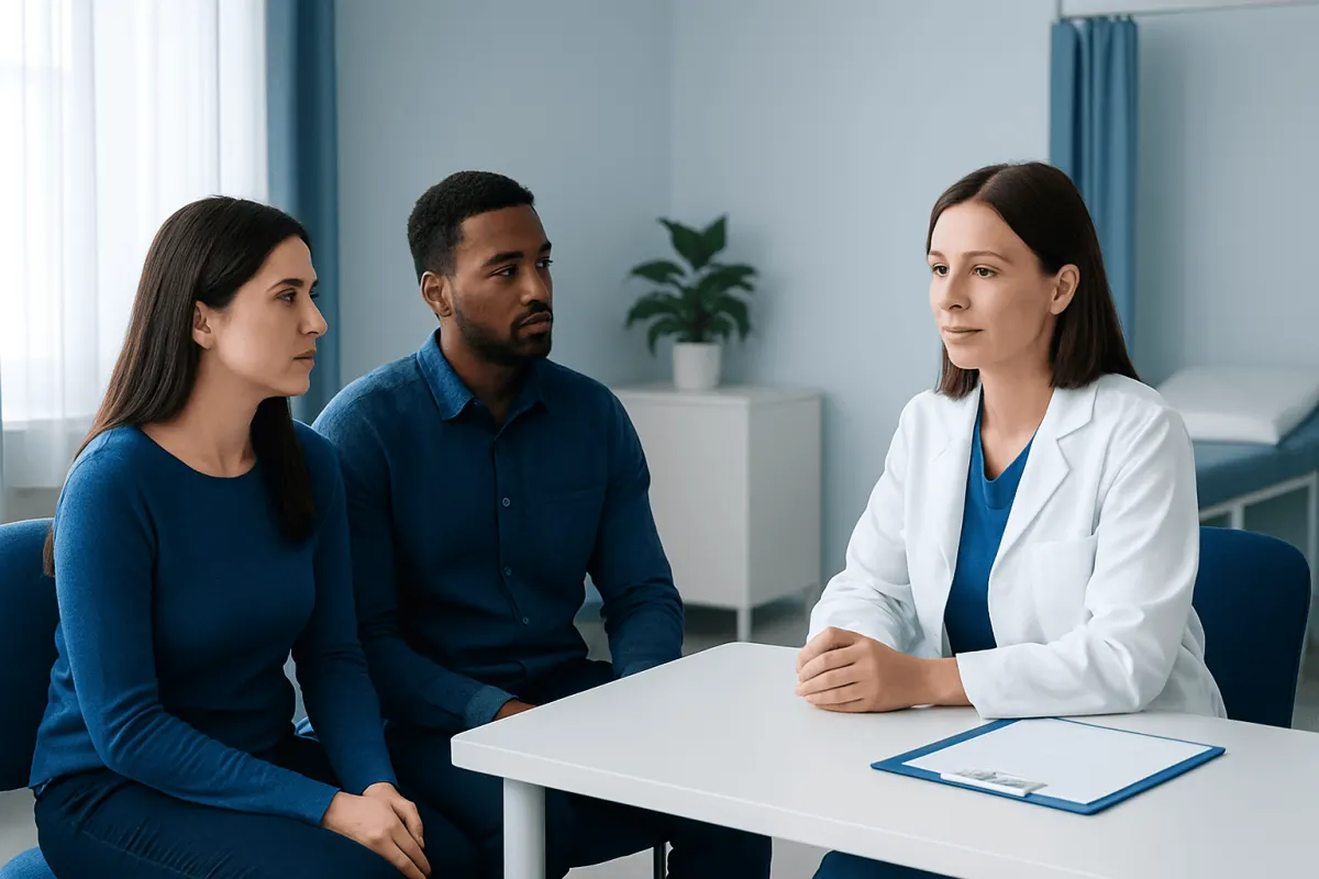Doctor consulting with diverse patients in a medical office setting.