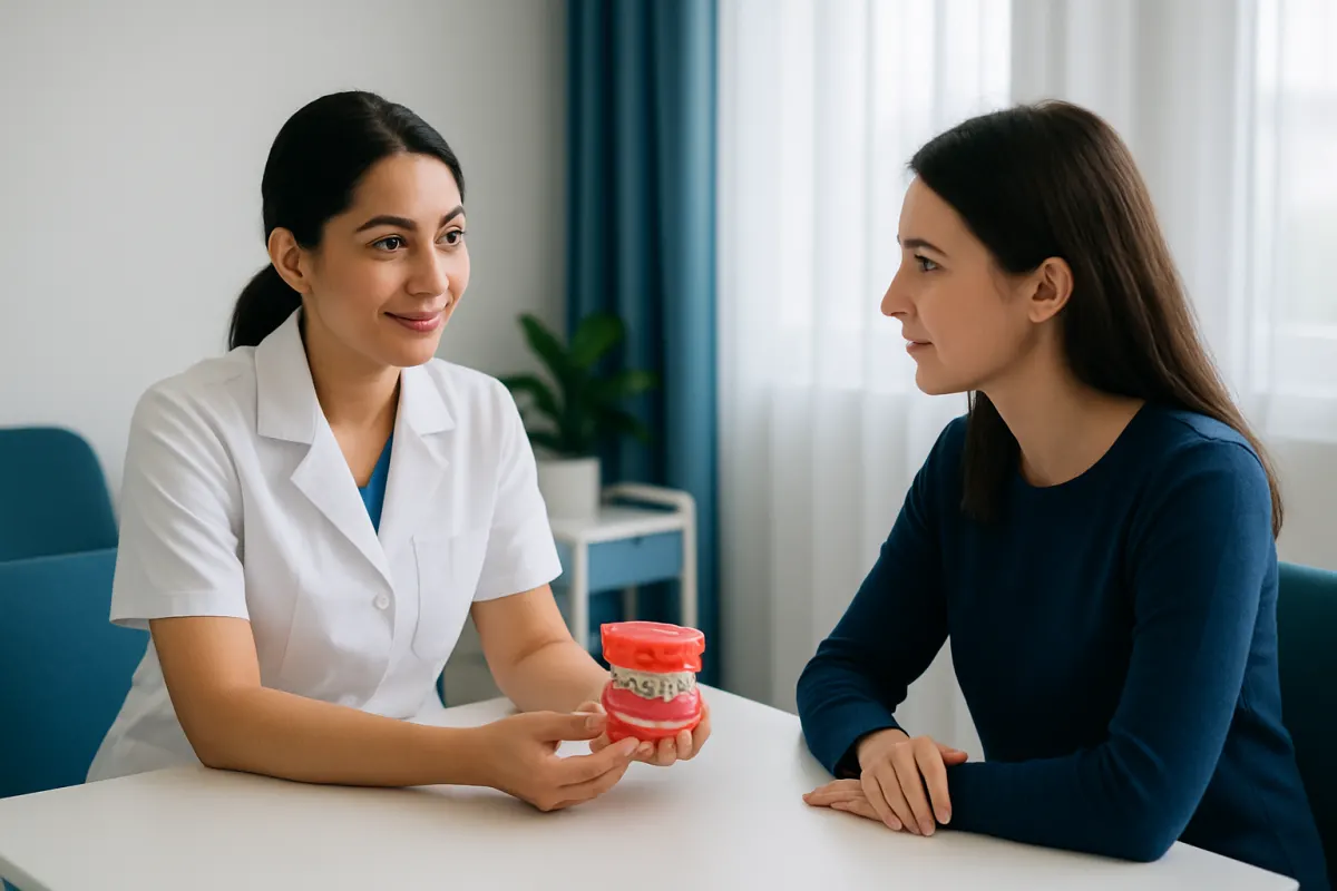 Dentist explaining braces to a patient with dental model in clinic.