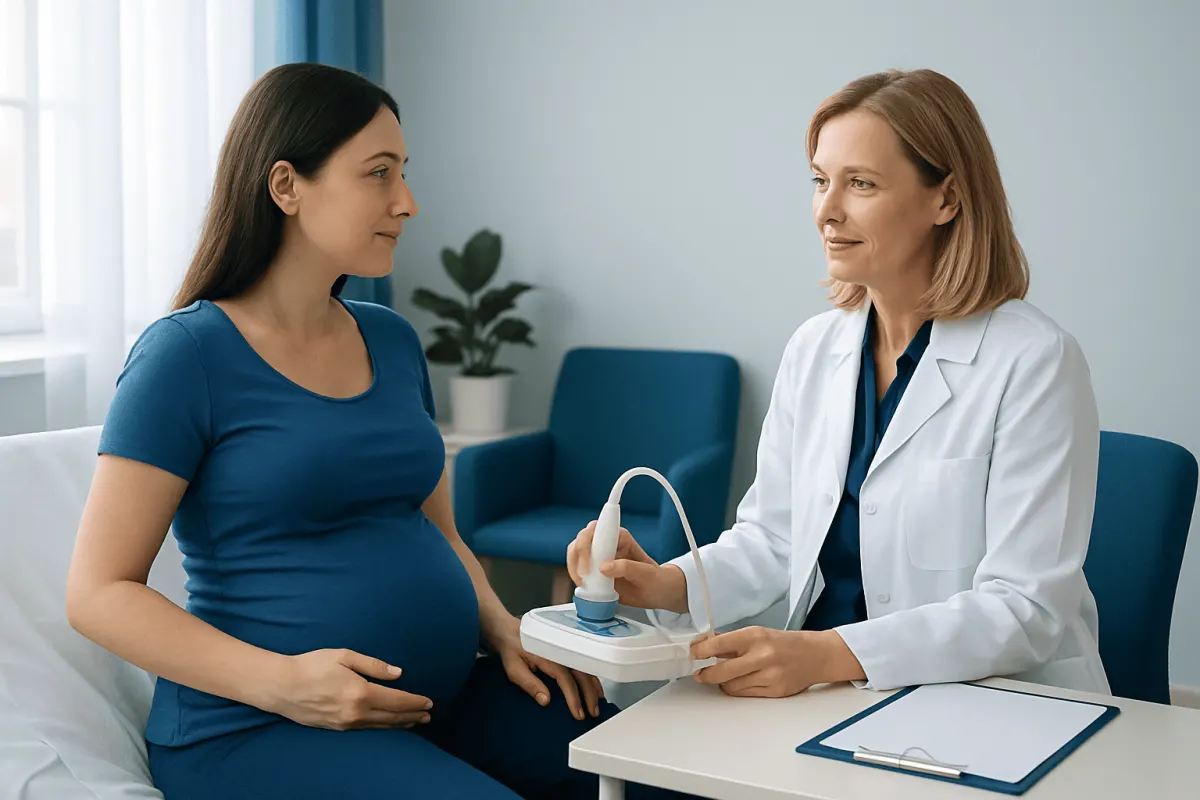 Pregnant woman having an ultrasound exam at a medical clinic.