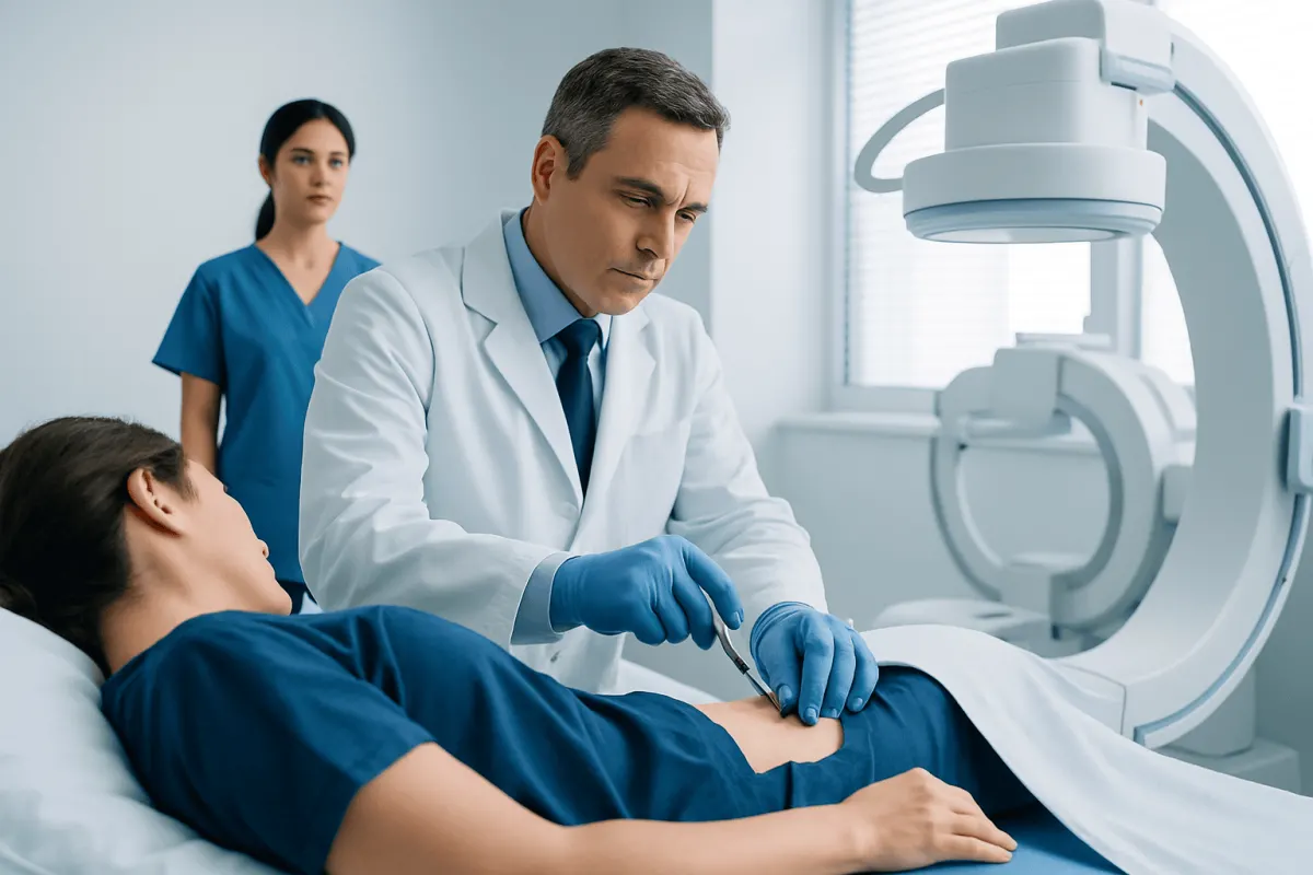 Doctor performs bone marrow biopsy on patient in hospital setting.