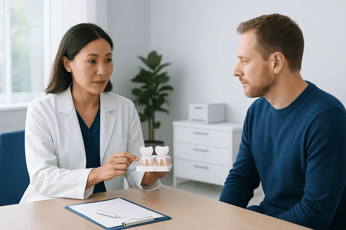 Dentist explaining dental crowns and bridges to a patient in a clinic setting.