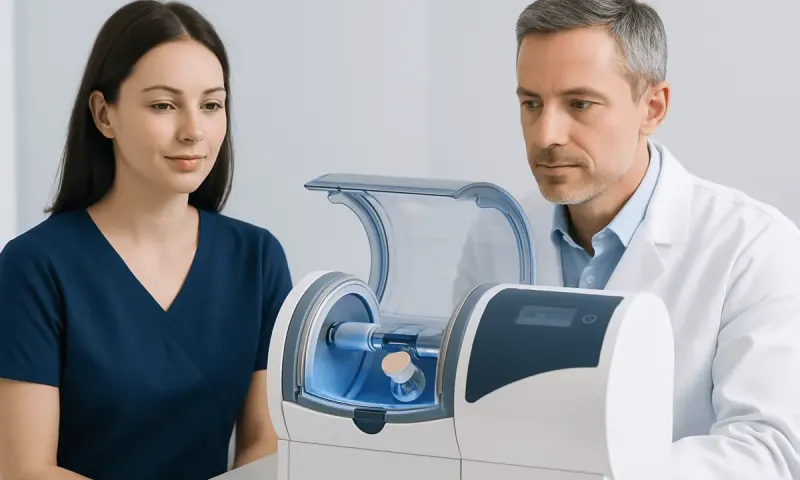 Dentist and patient using dental milling machine at Acibadem Hospital.