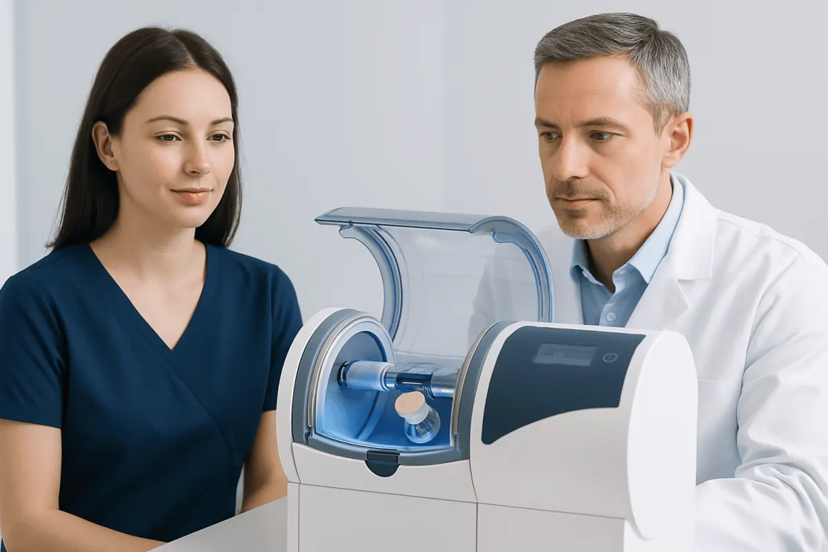 Dentist and patient using dental milling machine at Acibadem Hospital.