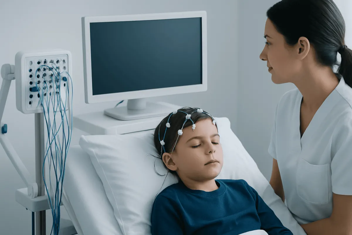 Child undergoing neurophysiological testing in a hospital setting.