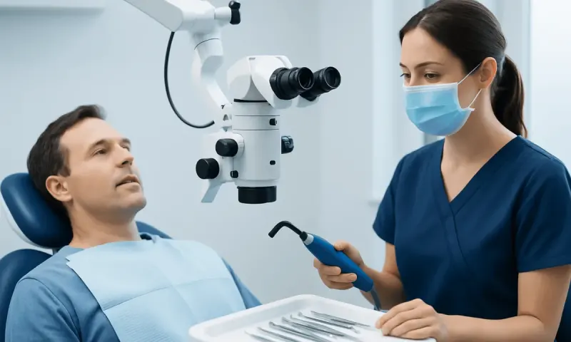 Dentist and patient during dental examination with microscope at Acibadem Hospital.