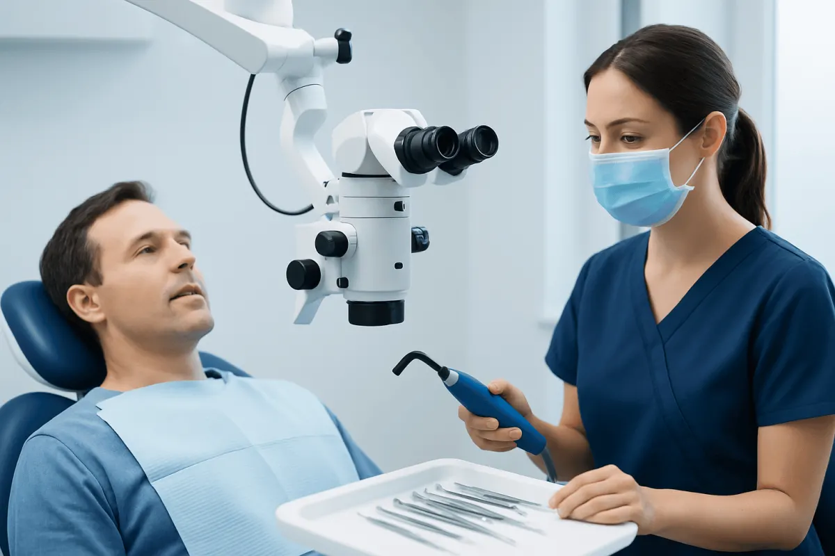 Dentist and patient during dental examination with microscope at Acibadem Hospital.