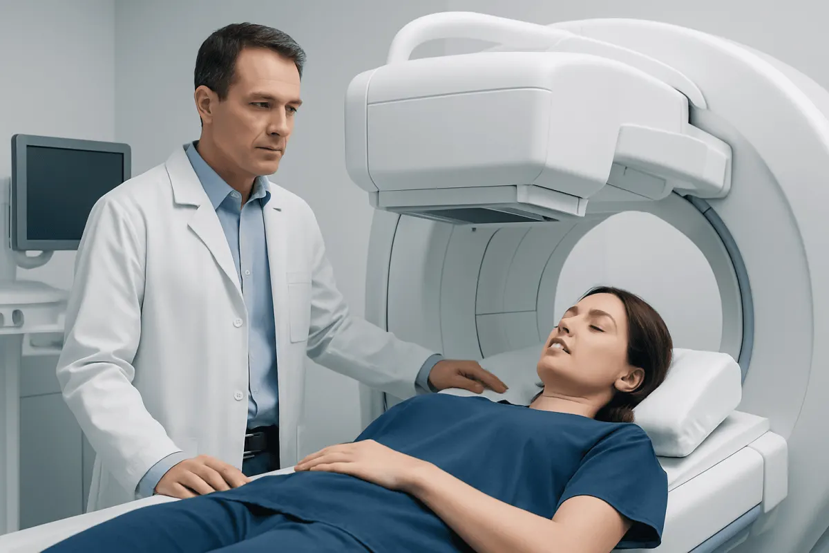 Medical professional prepares patient for Hida scan in hospital setting.