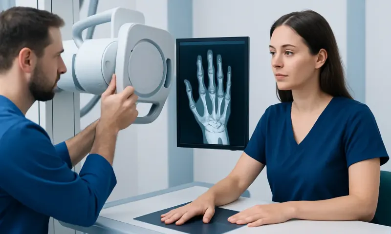 Doctor examining hand X-ray in a medical clinic setting.