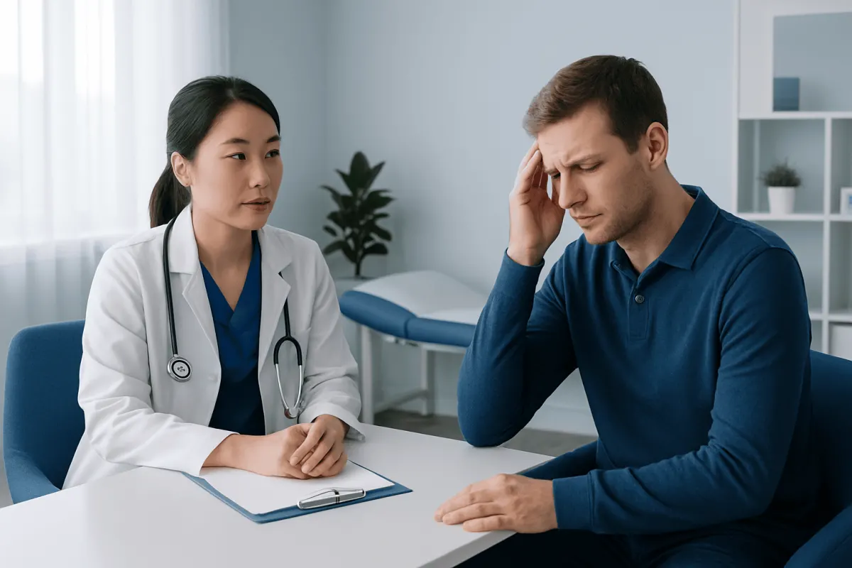 Doctor consulting with a patient experiencing headache in a medical office.