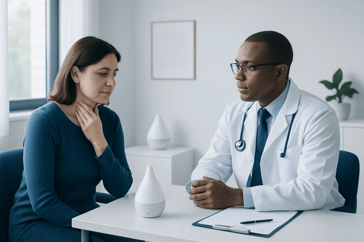 Doctor consulting a patient about voice loss treatment options.