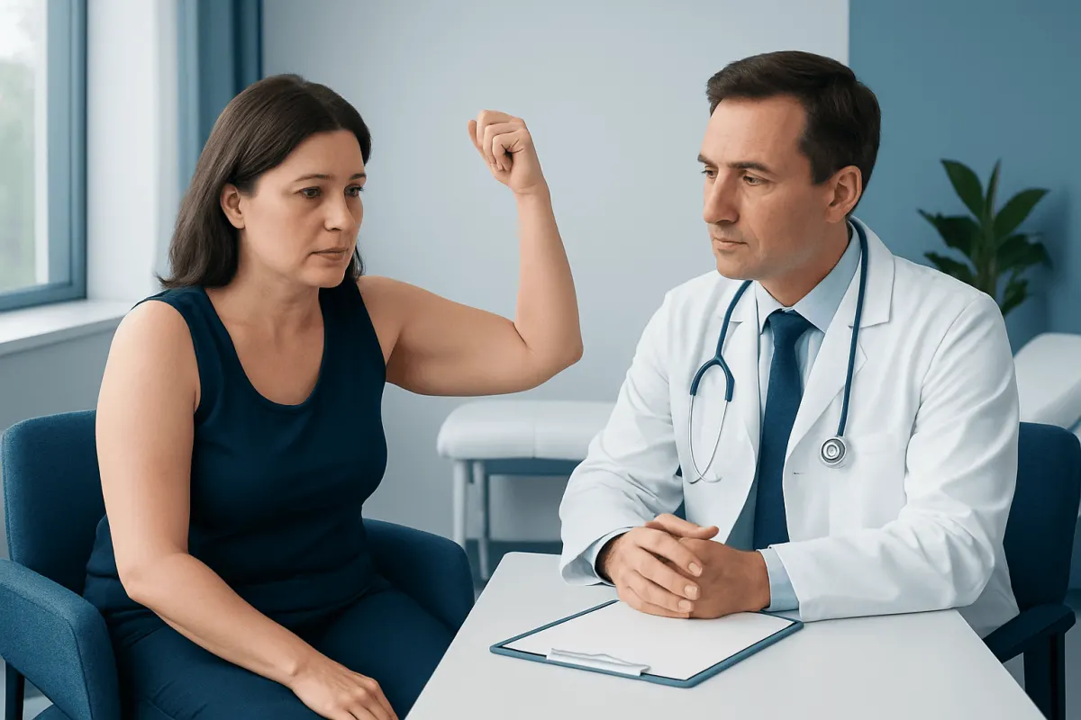 Patient discussing arm lift procedure with doctor in consultation room.