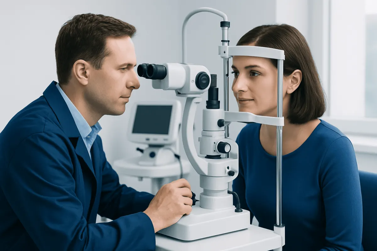 Ophthalmologist examining a patient's eyes with a slit lamp.