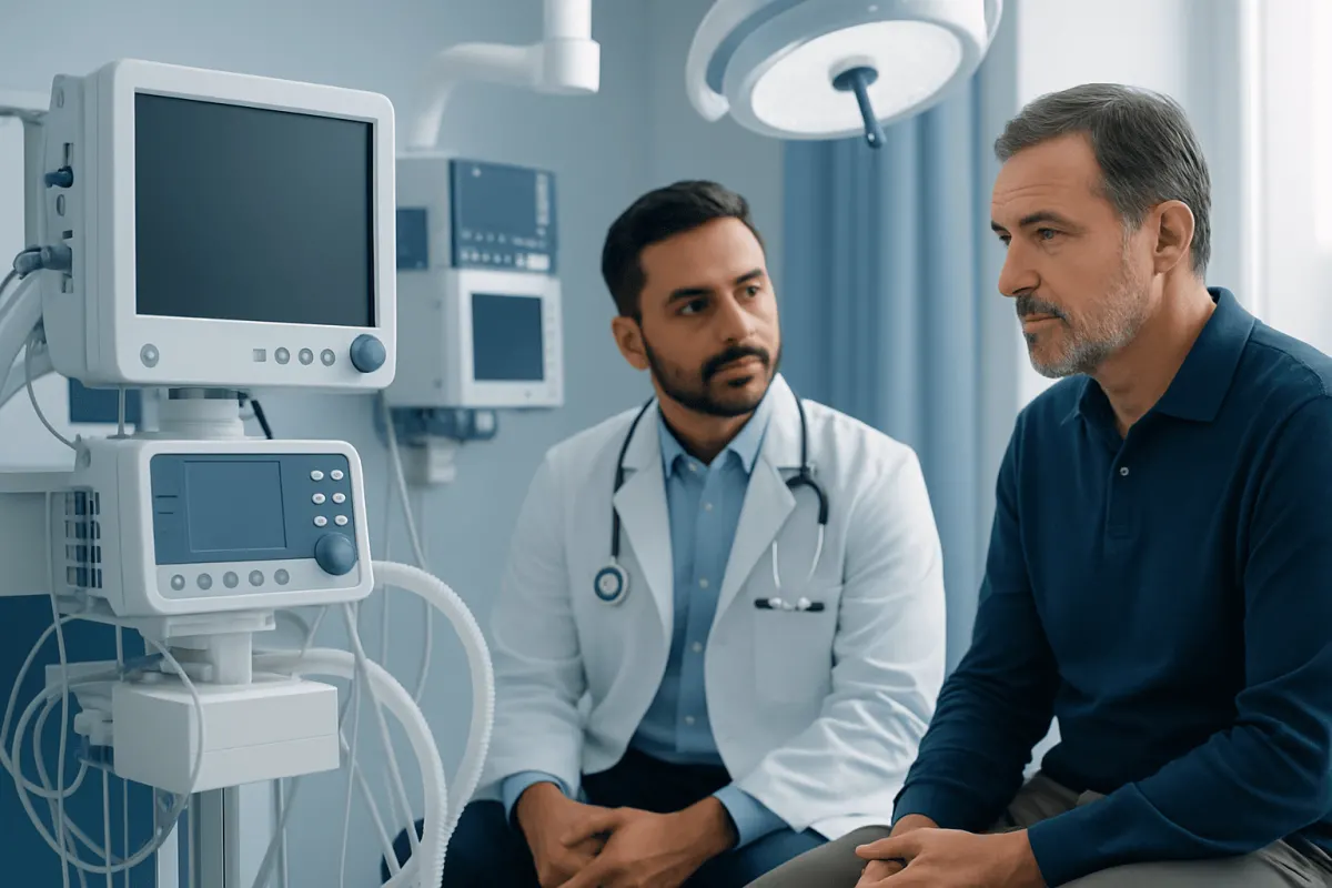 Doctor consulting with patient in hospital room with medical equipment.
