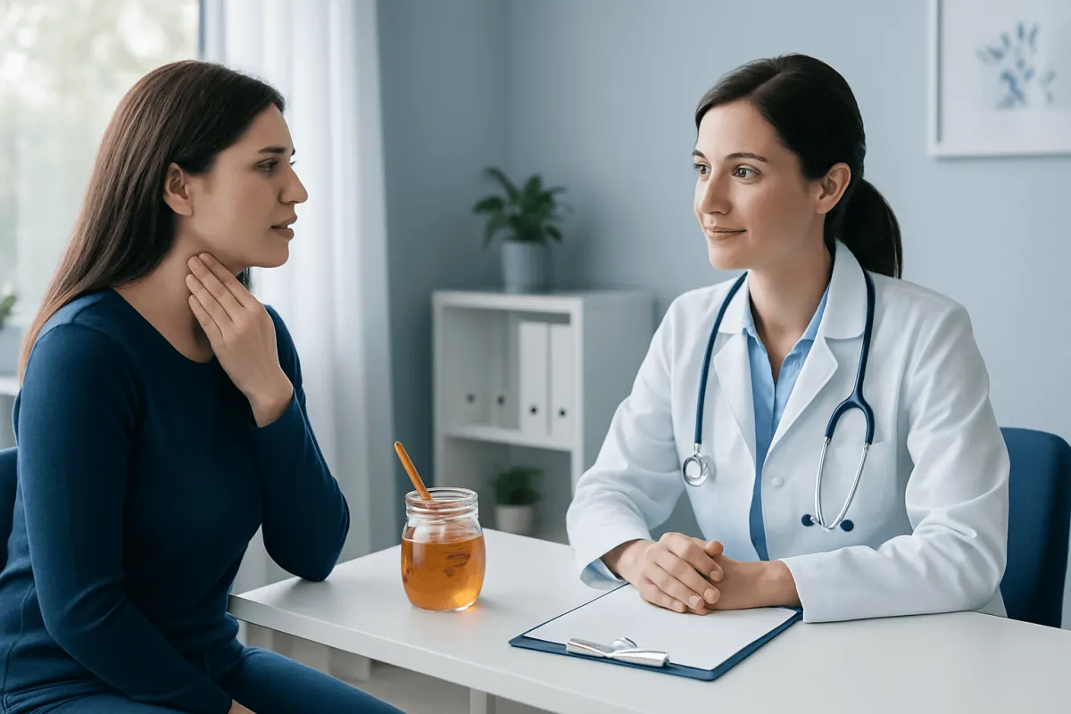 Doctor consulting with a patient about sore throat remedies at Acibadem Hospital.