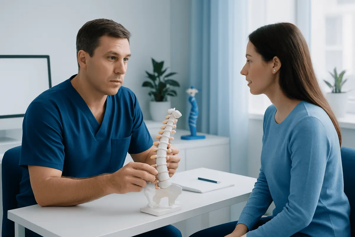 Doctor explaining spine anatomy to patient in a consultation room.