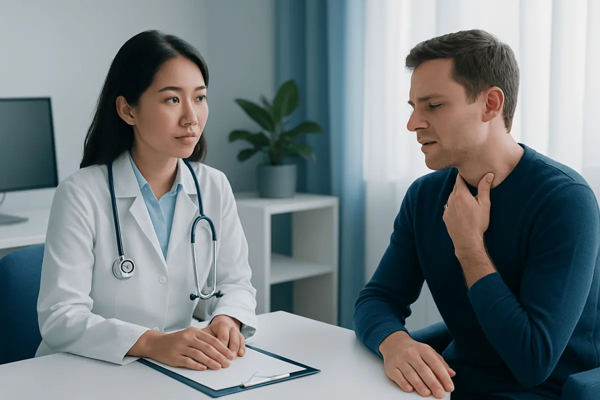 Doctor consulting with a patient about respiratory health in a clinic setting.