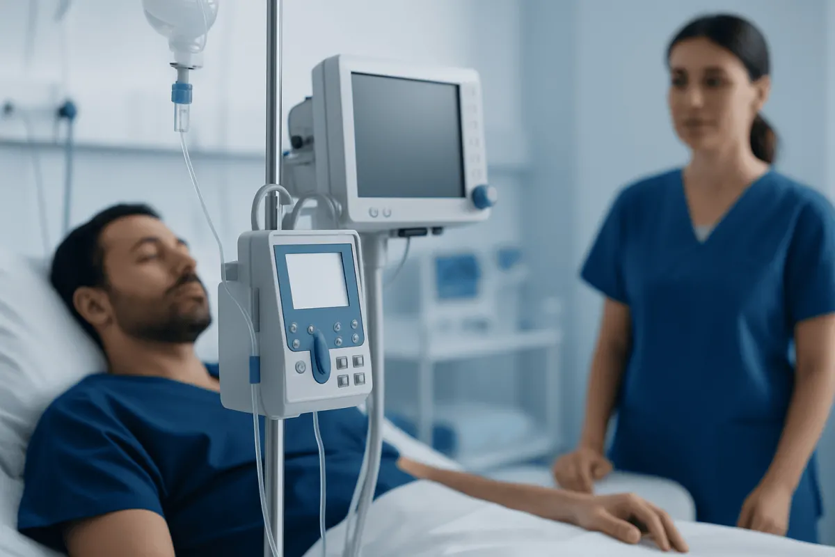 Hospital patient in bed with medical monitor and nurse nearby.