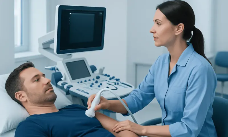 Medical professional performing an ultrasound on a male patient in a clinical setting.
