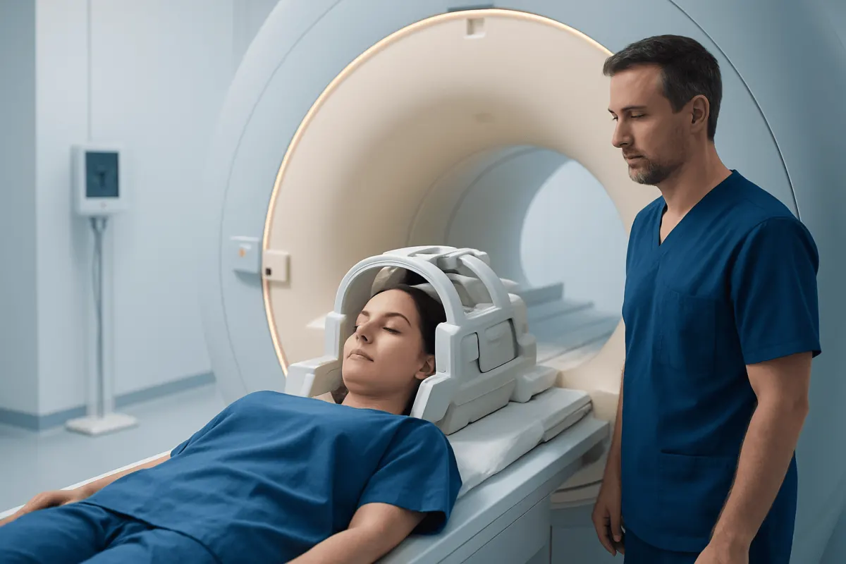 Patient undergoing MRI scan at Acibadem Hospital for headache evaluation.