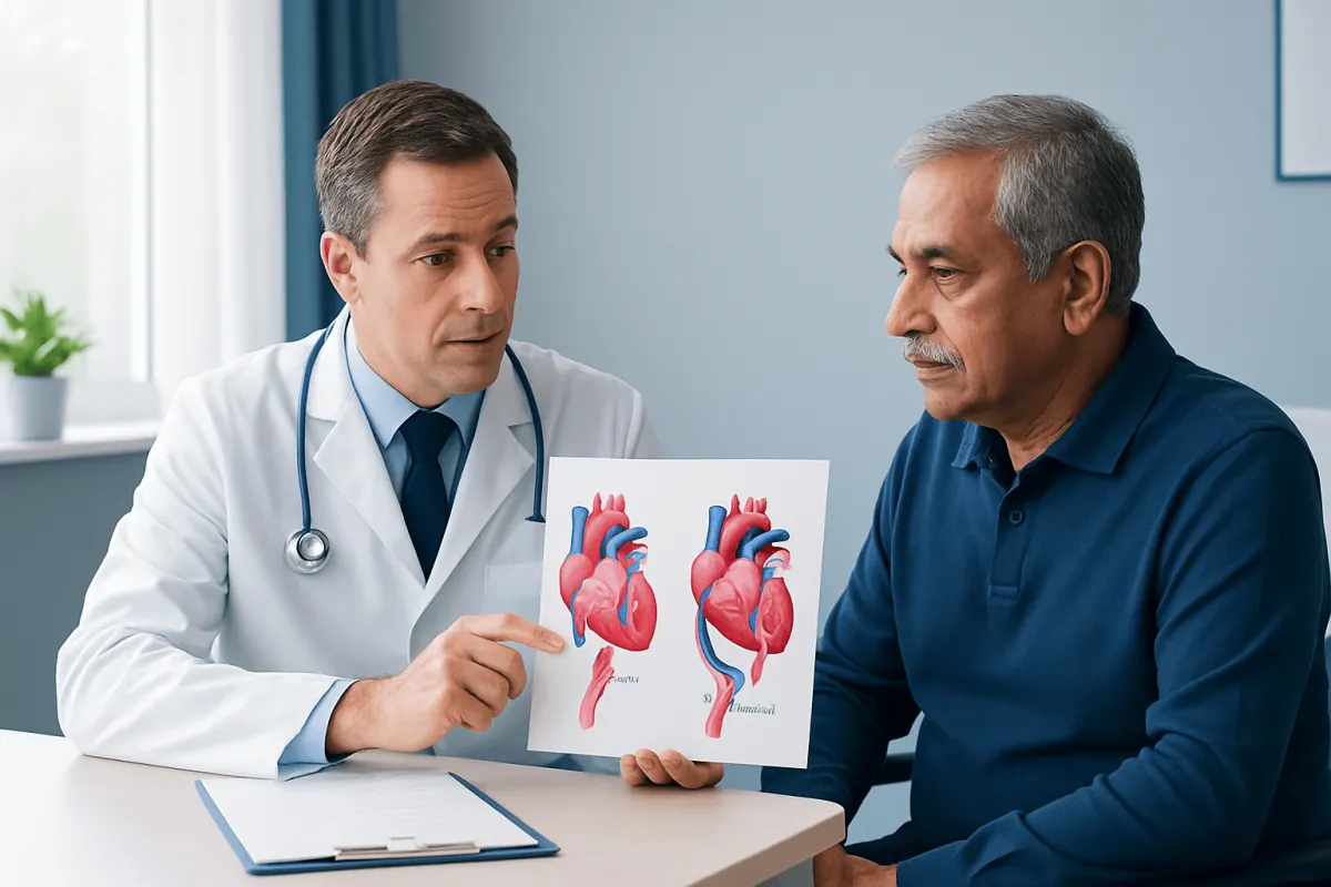 Cardiologist explains heart diagram to patient in consultation room.