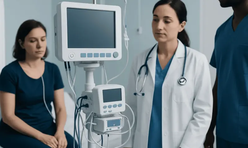 Medical professionals and patient in hospital room with monitoring equipment.