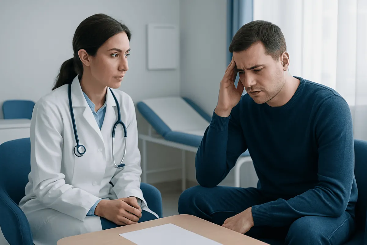 Doctor consulting with a patient about seizures or convulsions in a medical office.