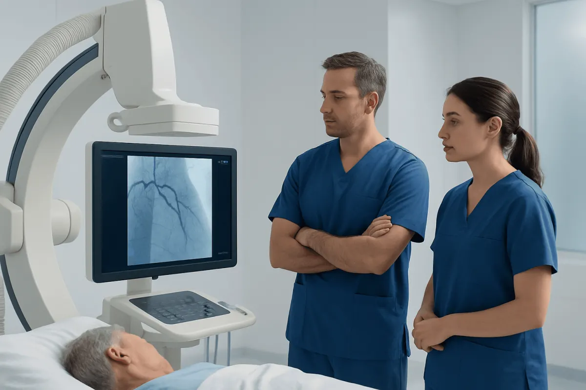 Doctors reviewing a patient's heart scan in a hospital setting.