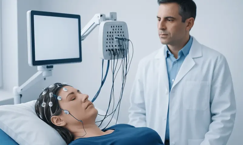Patient undergoing neurological testing with medical professional monitoring.