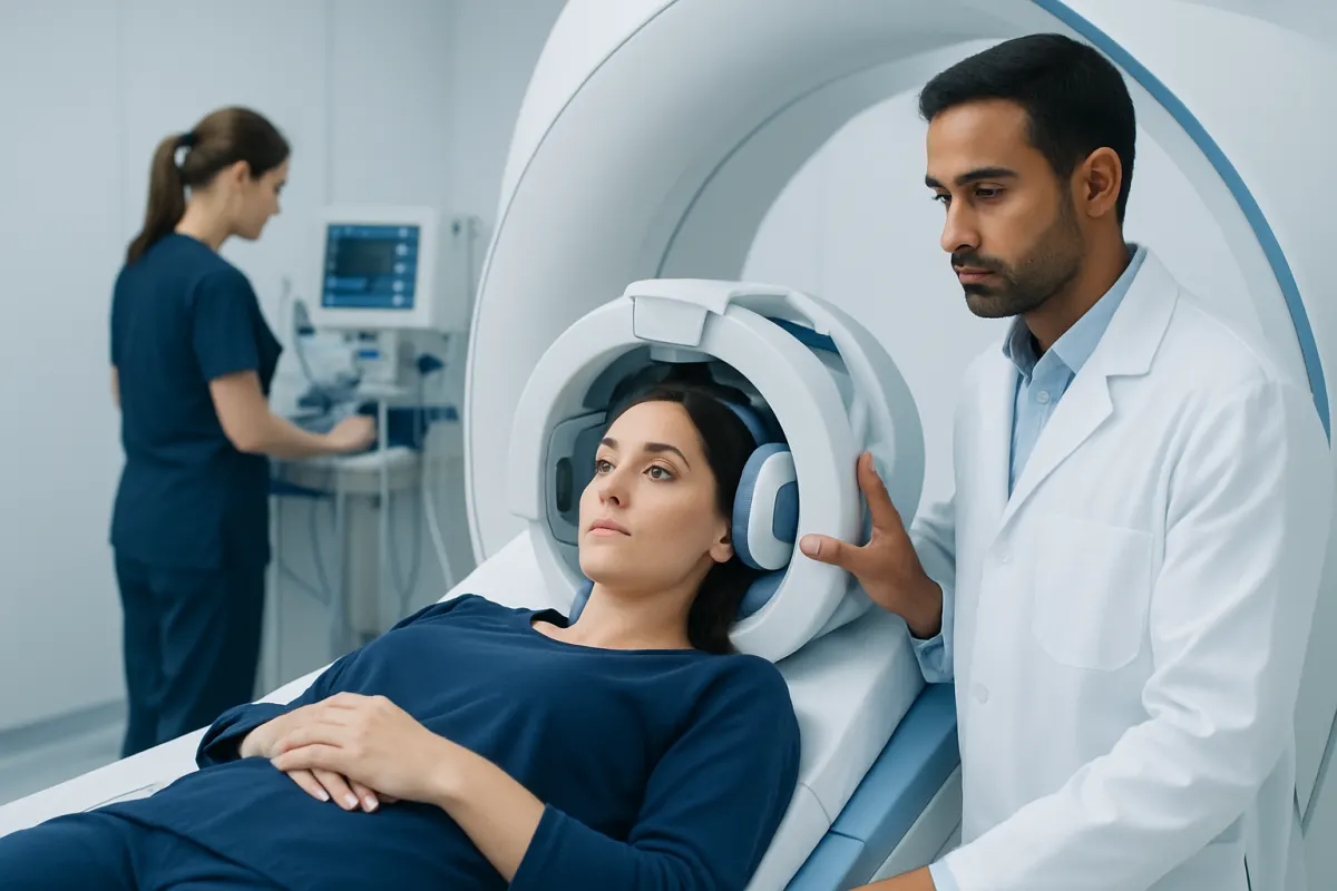 Patient undergoing MRI scan at Acibadem Hospital for neuroinfectious disease testing.