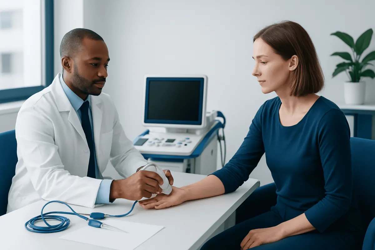 Doctor examining patient's wrist with nerve testing equipment in clinic.