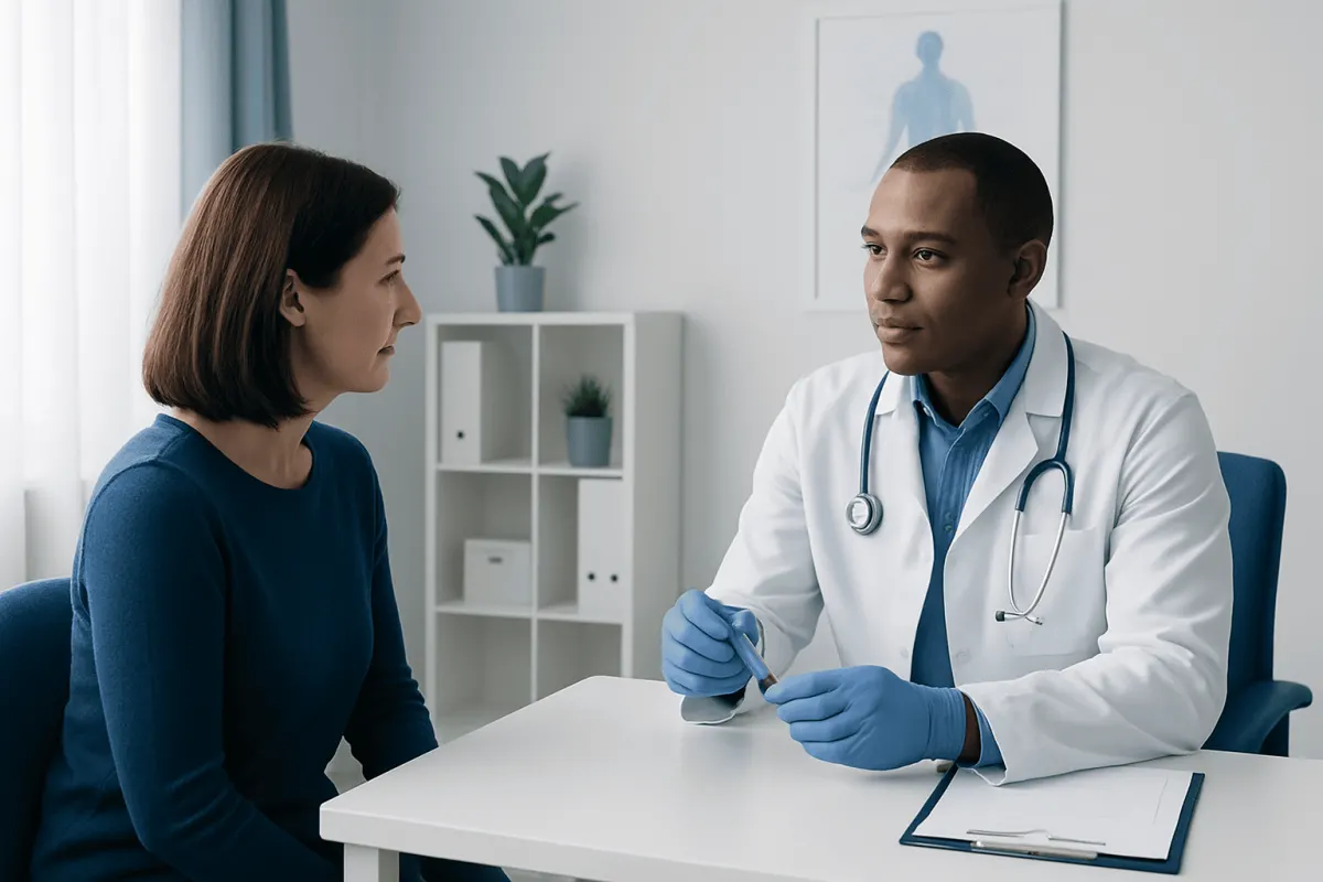 Doctor consulting with a patient in a modern medical office.