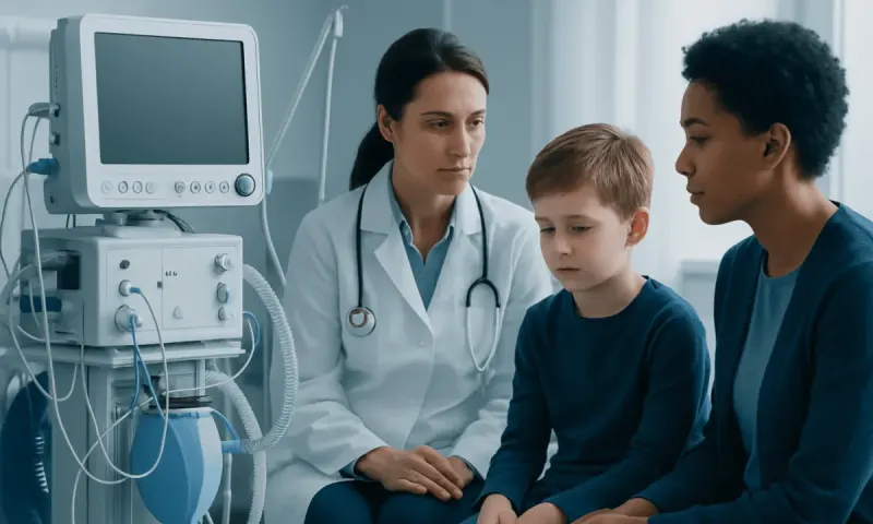 Doctor consulting young boy in hospital with medical equipment nearby.