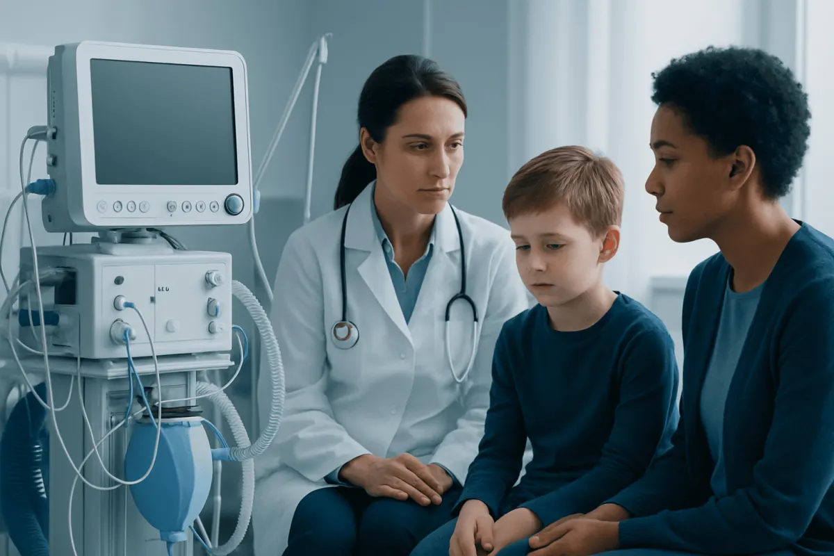 Doctor consulting young boy in hospital with medical equipment nearby.