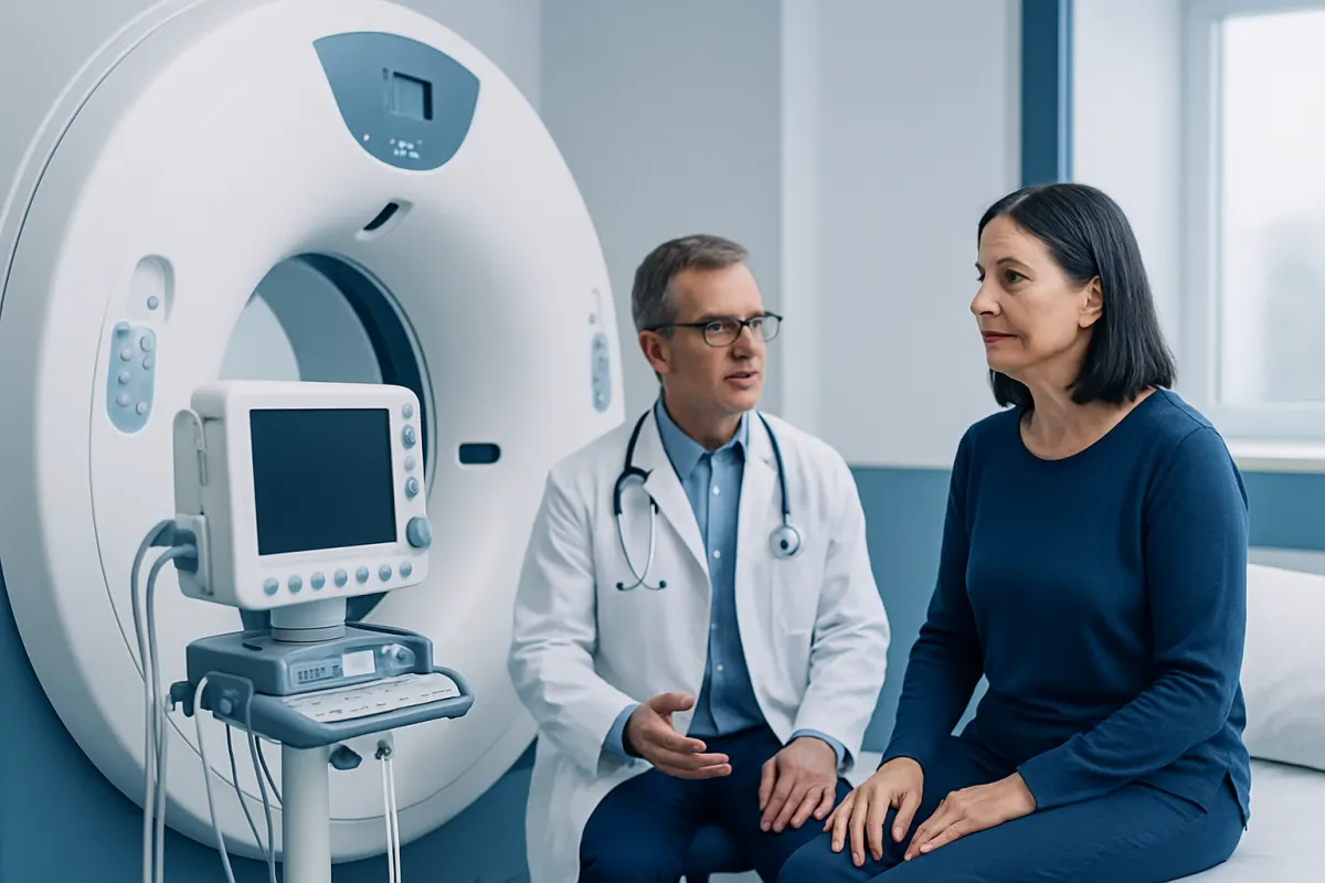 Medical consultation in front of MRI scanner at Acibadem Hospital.