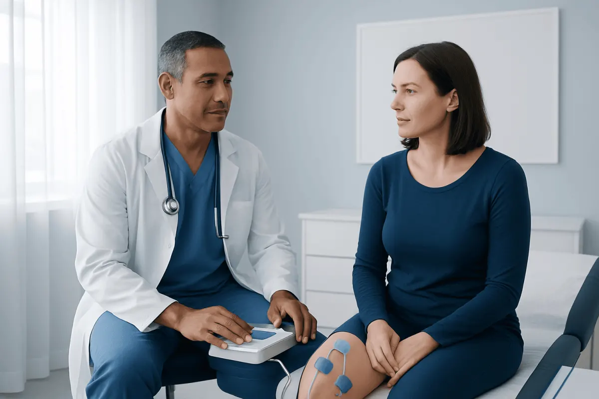 Doctor consulting female patient in a medical examination room.