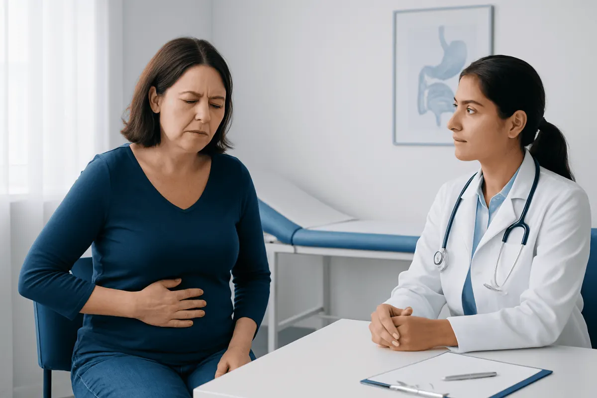 Doctor consulting with a woman patient about stomach issues in a clinic.