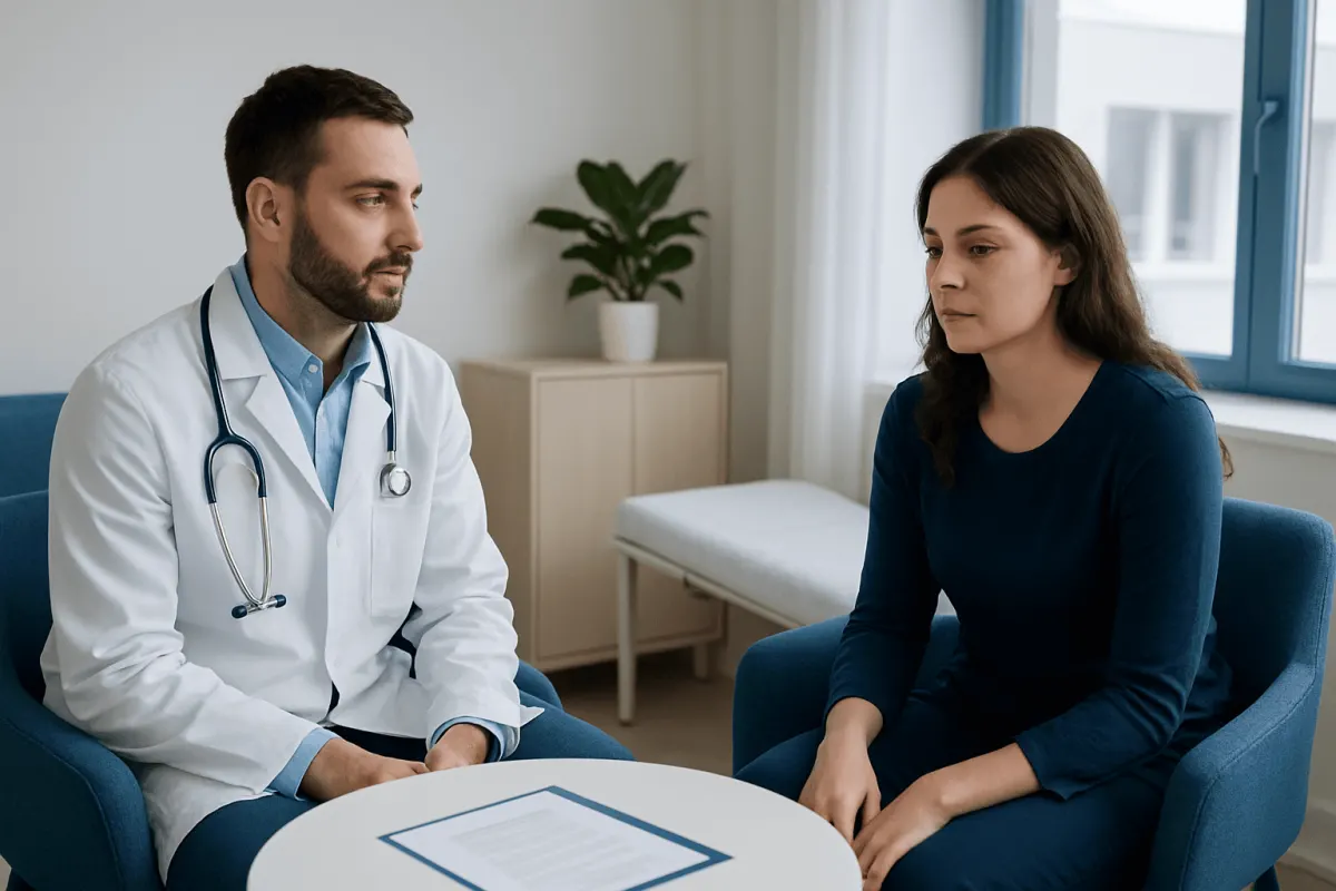 Doctor consulting with a patient in a modern medical office setting.