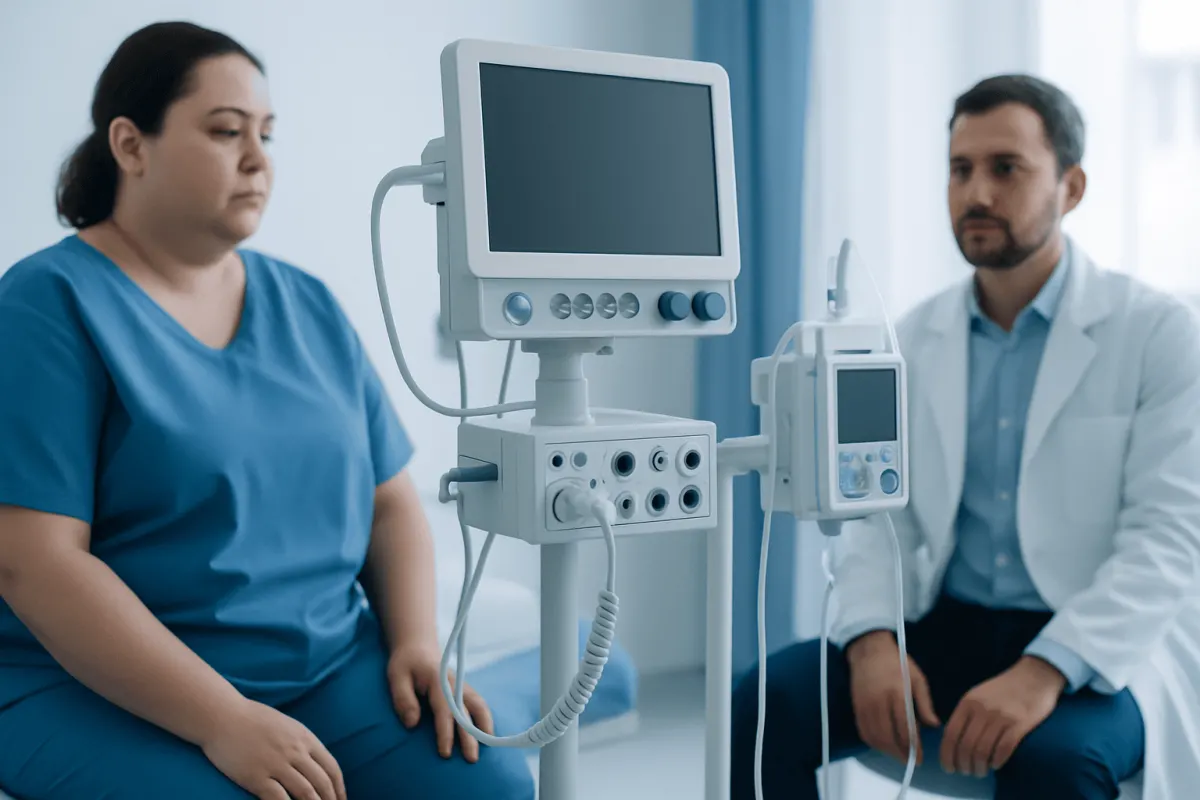 Patient in a medical consultation with a healthcare professional and monitoring equipment.