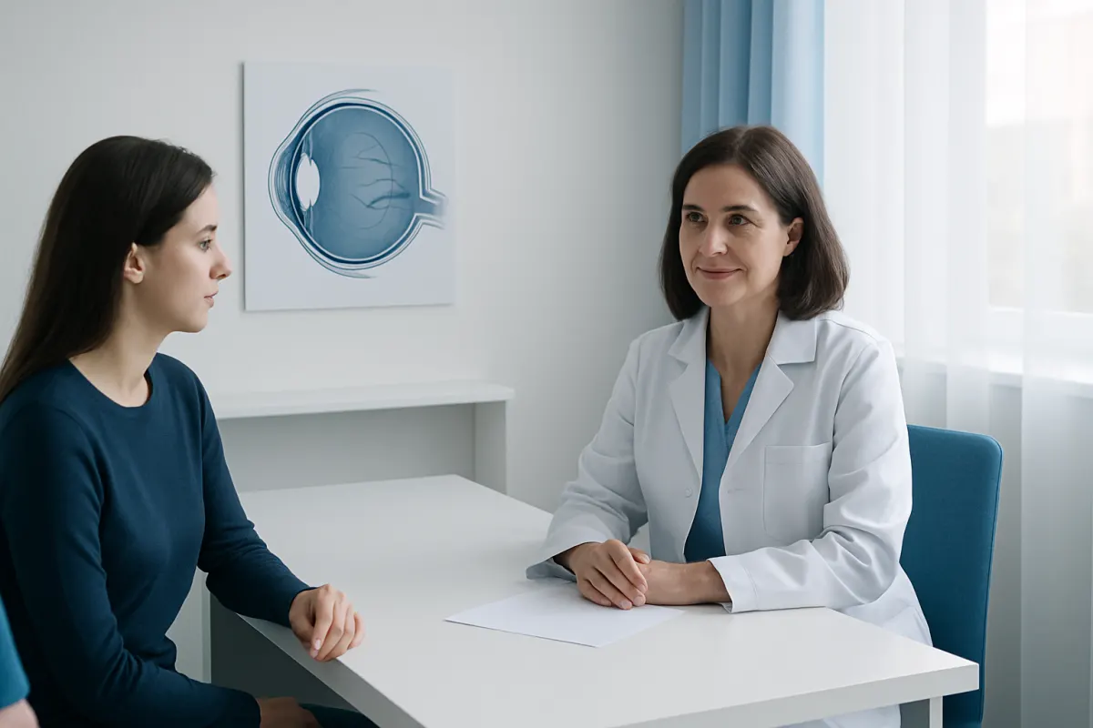 Ophthalmologist consulting with a patient about inherited eye diseases.