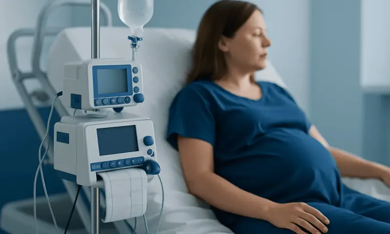 Pregnant woman in hospital bed with medical monitoring equipment.