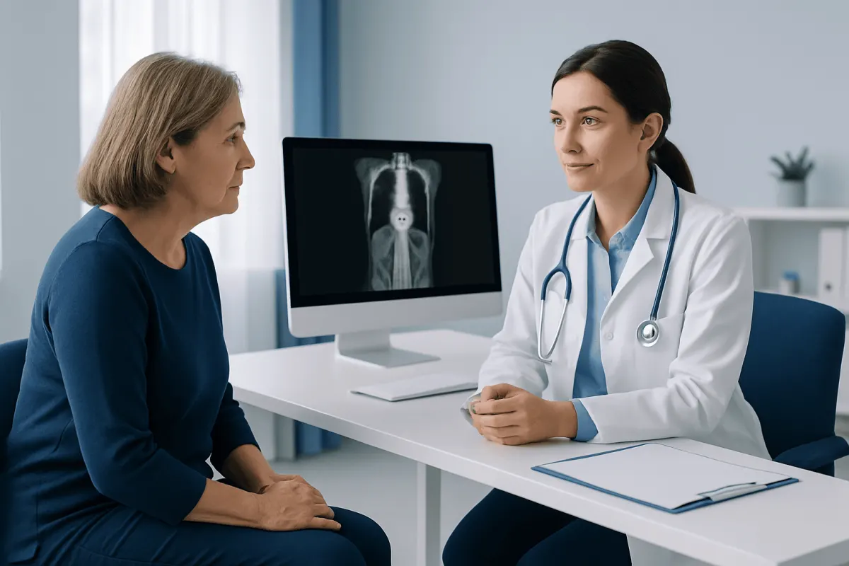 Doctor explaining PET-MRI scan results to a patient in a medical office.