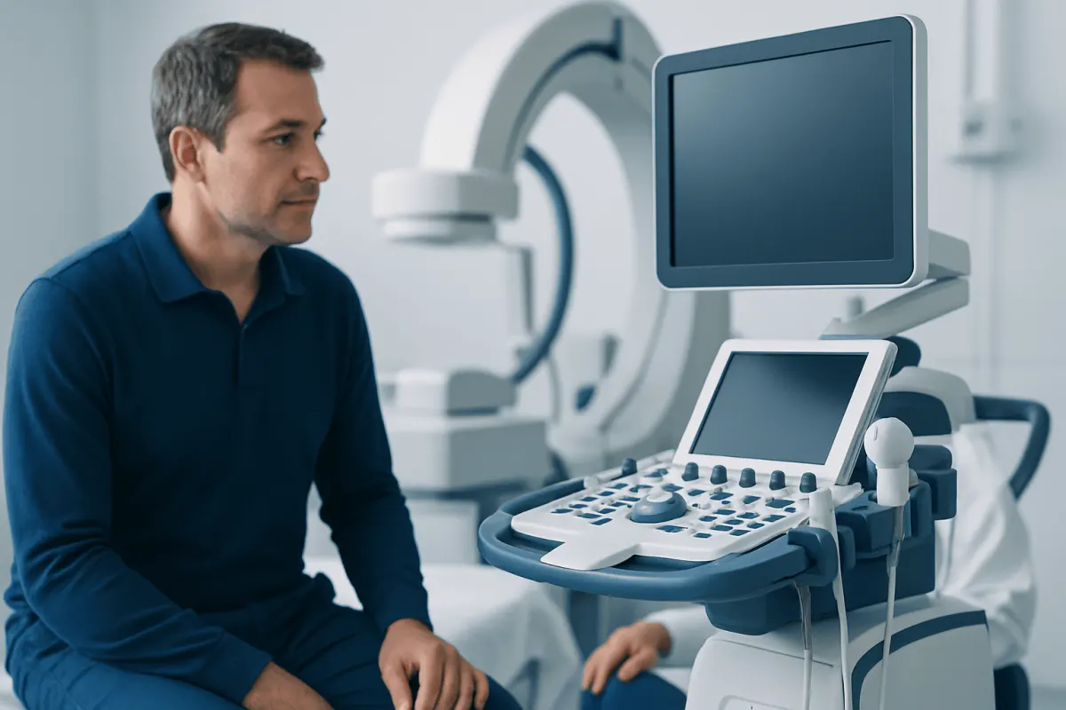 Medical professional preparing for a cardiac ultrasound examination at Acibadem Hospital.