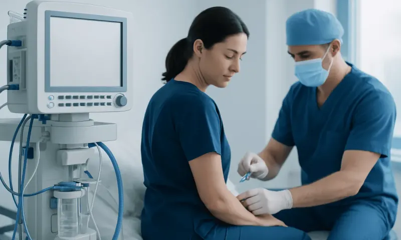 Medical professionals preparing for a blood patch procedure in a hospital setting.