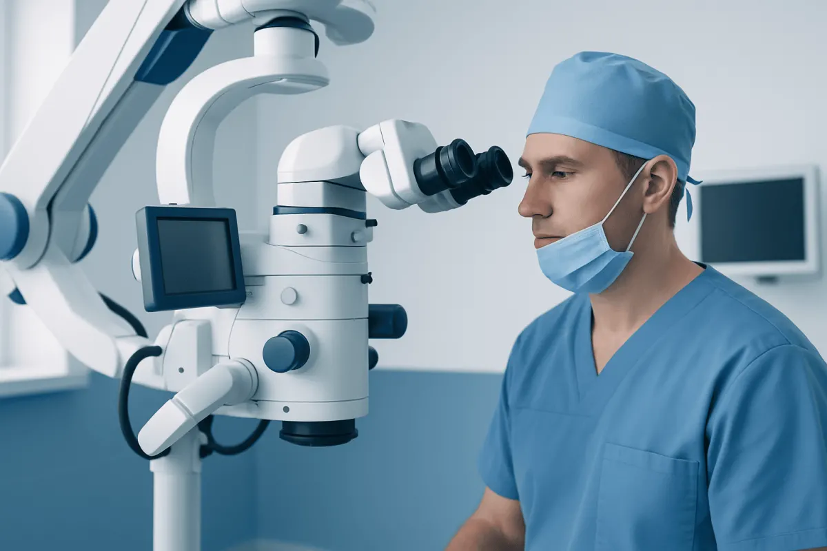 Surgeon using a microscope during brain surgery at Acibadem Hospital.