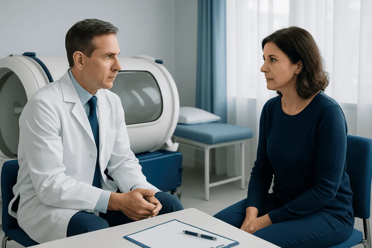 Doctor consulting with a patient in a medical examination room.