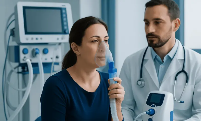 Patient using a nebulizer for asthma treatment in a hospital setting.