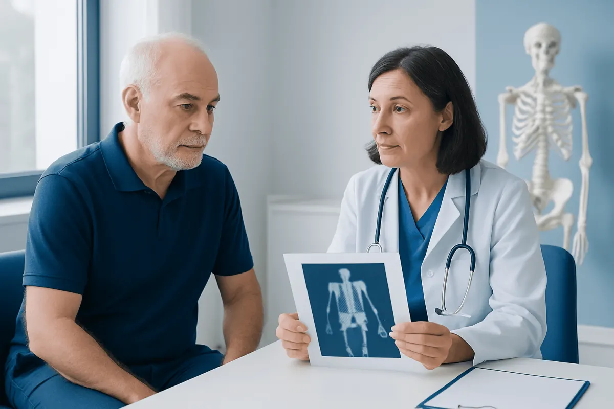 Doctor explaining bone scan results to a patient in a medical consultation.