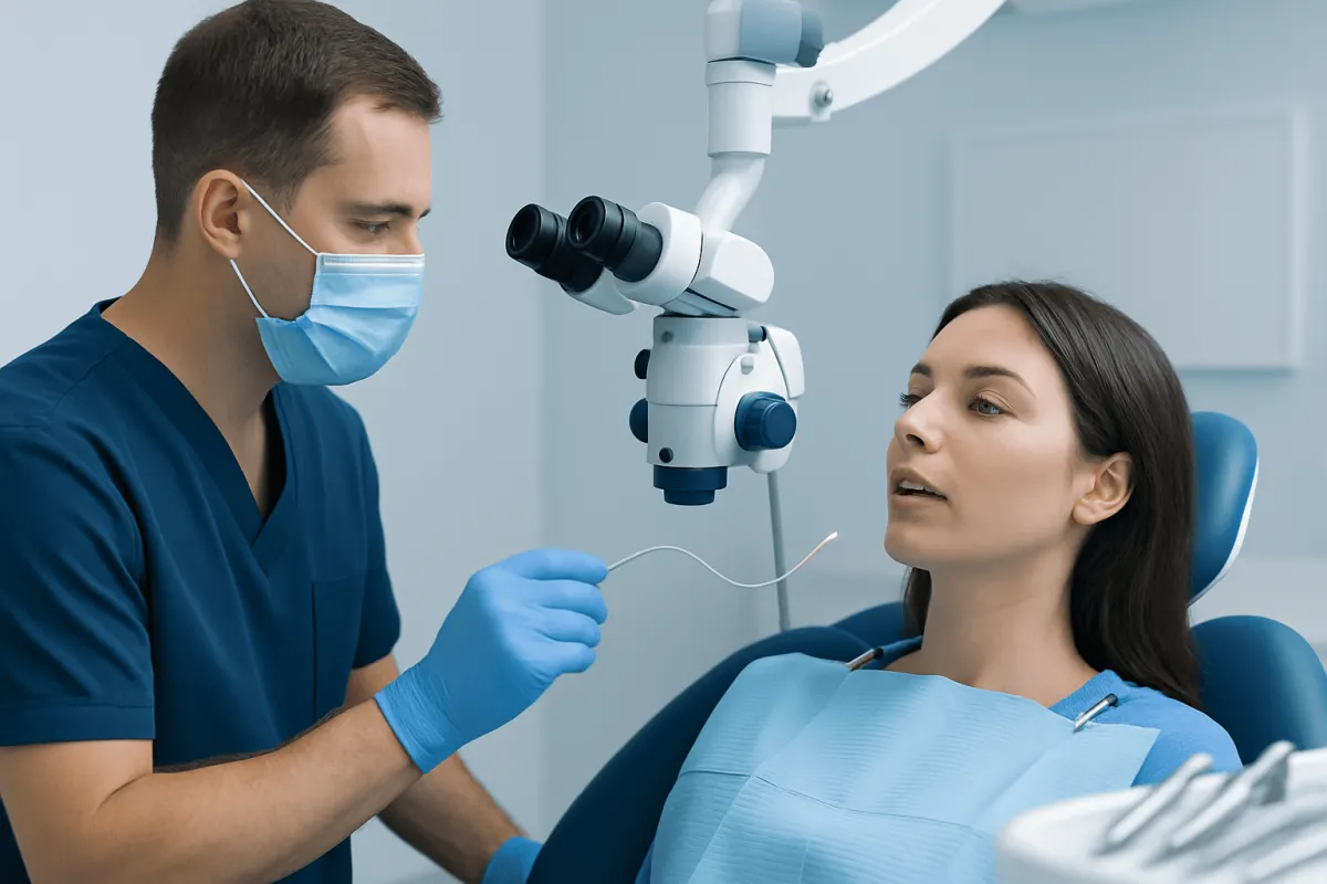 Dentist using microscope during dental procedure on patient in clinic.